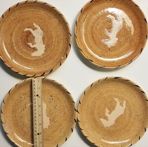 Set of Four Speckled Tan Plates with Embossed Horse Design